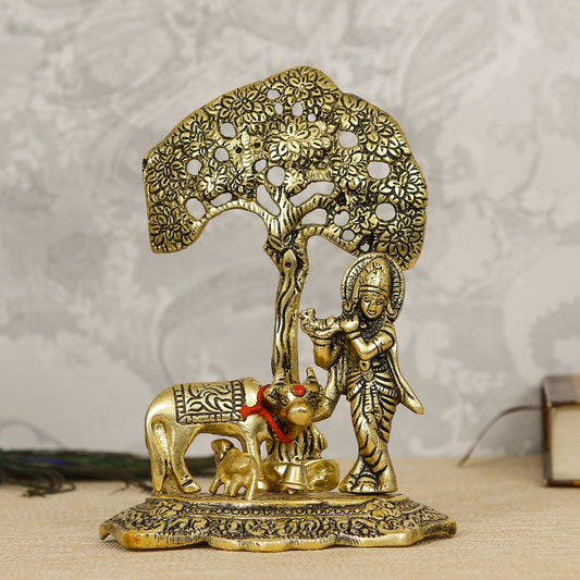 Golden Lord Krishna Idol playing Flute with Cow